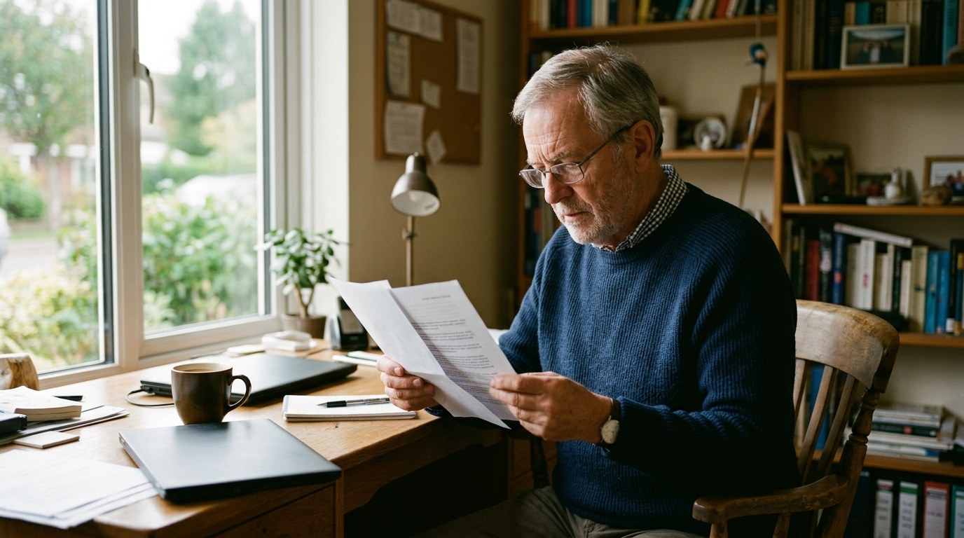 A man at a desk by a window reading a printed letter closely